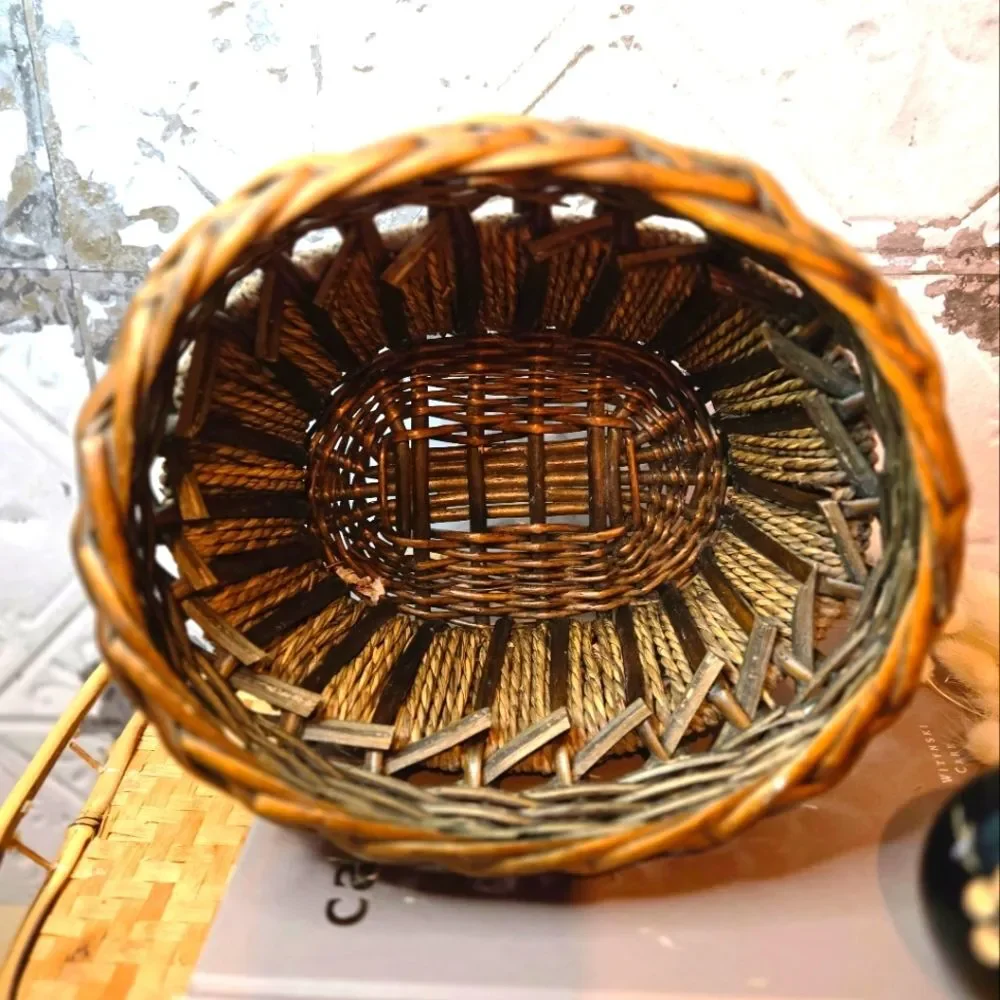 Vintage Oval Hand Woven Basket Natural Bamboo & Rope Storage Basket Rustic